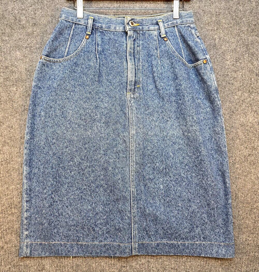 Vintage Lee High Waisted Denim Midi Skirt Made in USA Acid Wash 12P 80s 90s